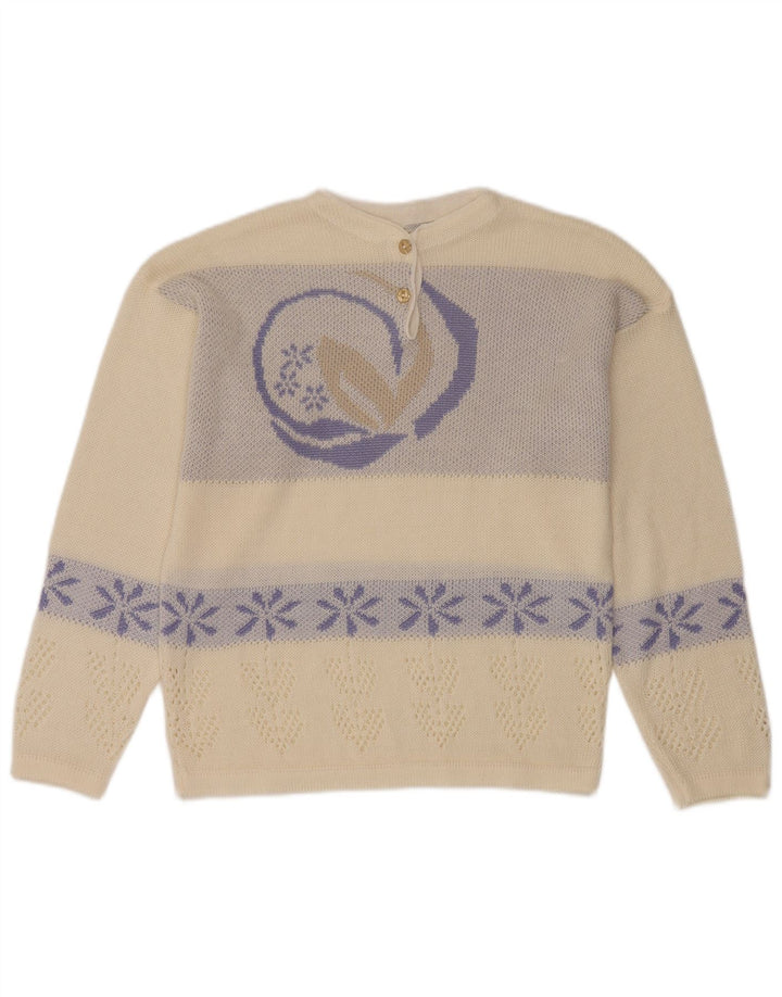 Maglione da donna vintage con collo a bottoni, UK 16, grande motivo floreale bianco