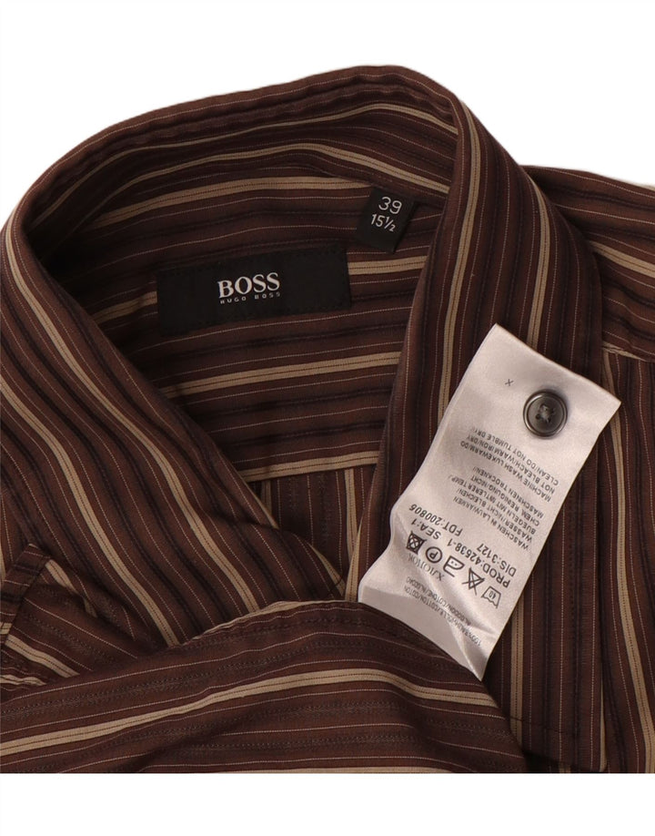 Camicia da uomo Hugo Boss taglia 39 15/2 cotone a righe marrone medio