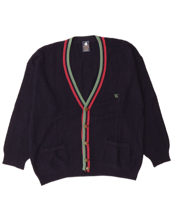 Maglione cardigan da uomo White Stuff Classico in lana a righe blu navy medio