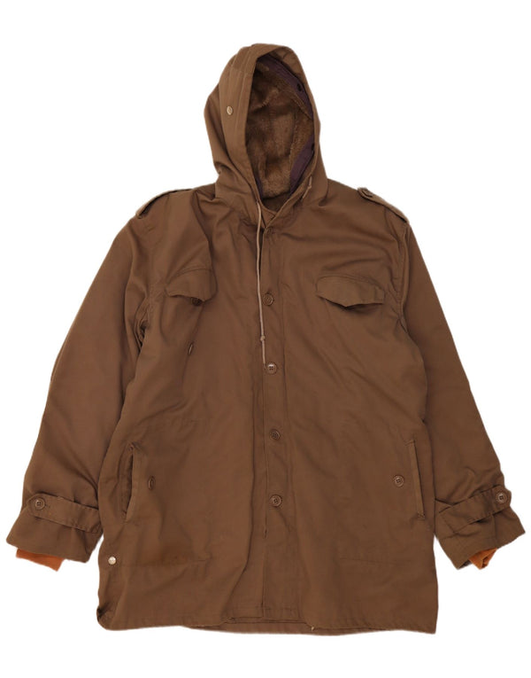 Giacca parka militare vintage da uomo con cappuccio UK 42 XL Marrone