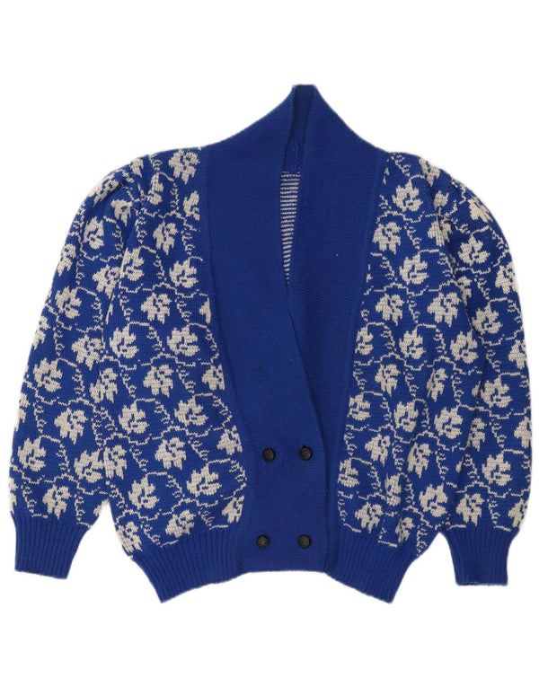 Maglione cardigan da donna vintage UK 18 XL blu floreale