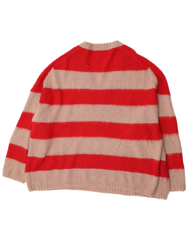 All Saints Mens Oversized V-Neck Jumper Sweater Large Red Striped Acrylic
