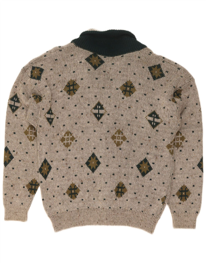 Maglione cardigan da uomo vintage grande lana geometrica grigia