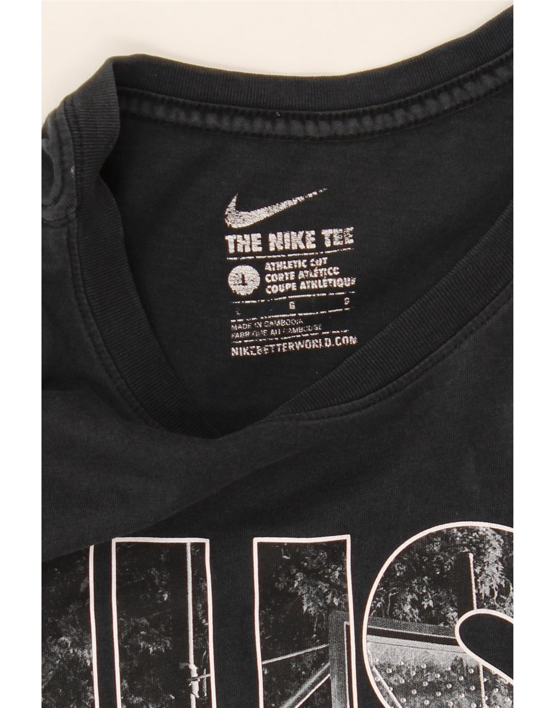 NIKE Mens Athletic Cut Graphic T-Shirt Top Large Navy Blue Vintage Nike and Second-Hand Nike from Messina Hembry 