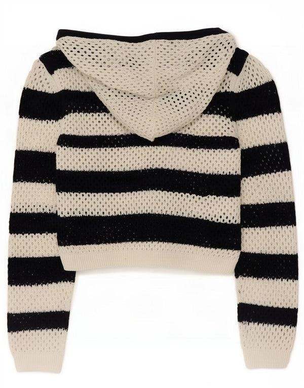 Maglione corto all'uncinetto con cappuccio da donna Zara UK 14 medio a righe nere