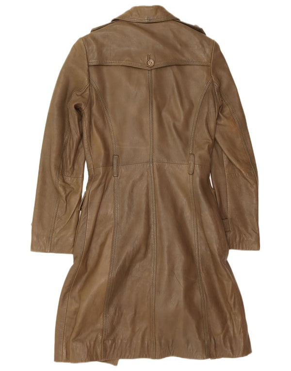 Vintage Womens Military Leather Double Breasted Coat UK 10 Small Khaki
