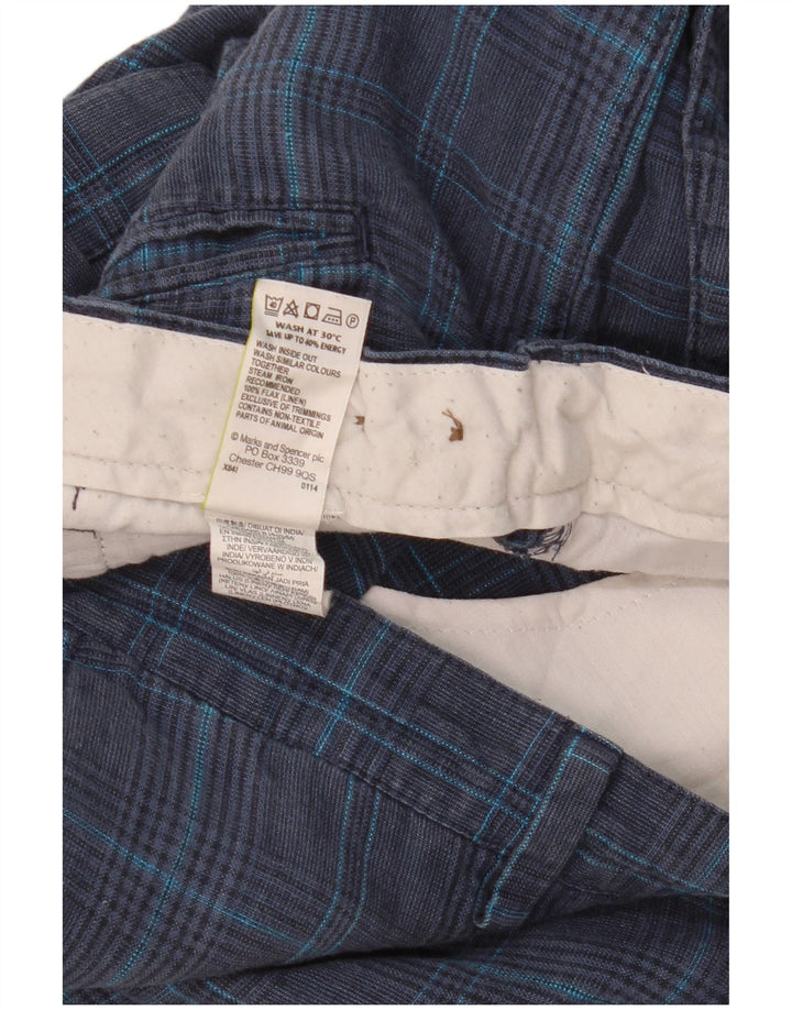 MARKS & SPENCER Pantaloncini chino da uomo W40 XL Lino a quadri blu navy
