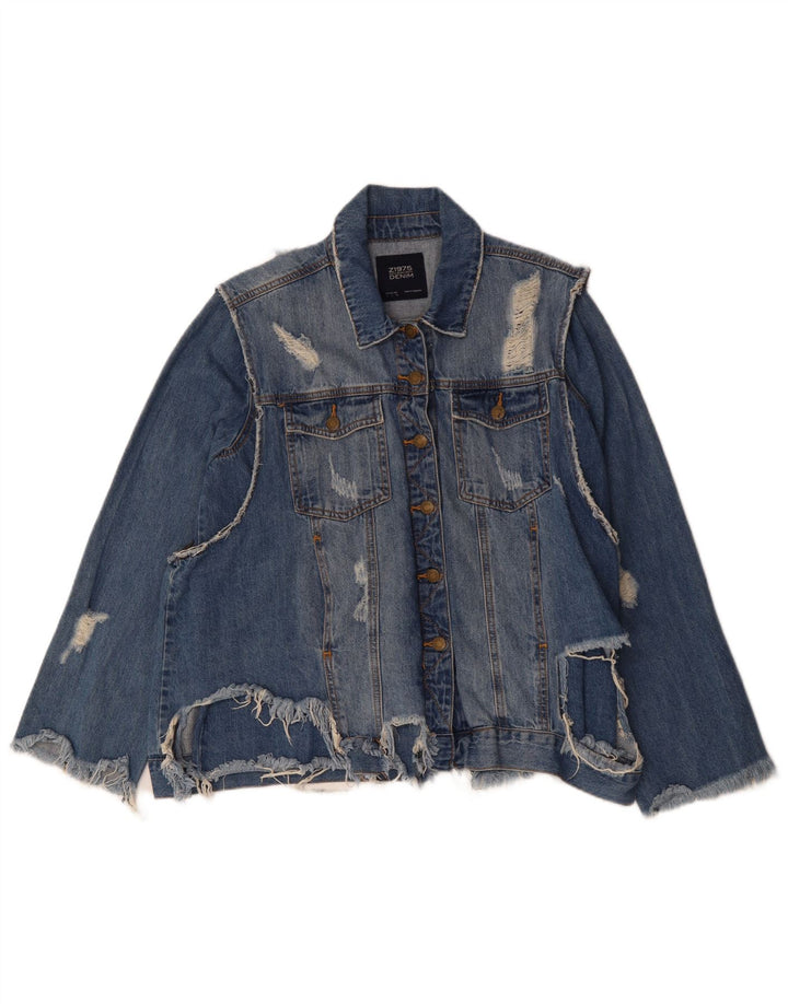 Giacca in denim invecchiato ZARA da donna UK 16 grande cotone blu
