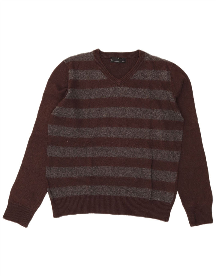 Maglione Zara da uomo con scollo a V in lana a righe marrone medio