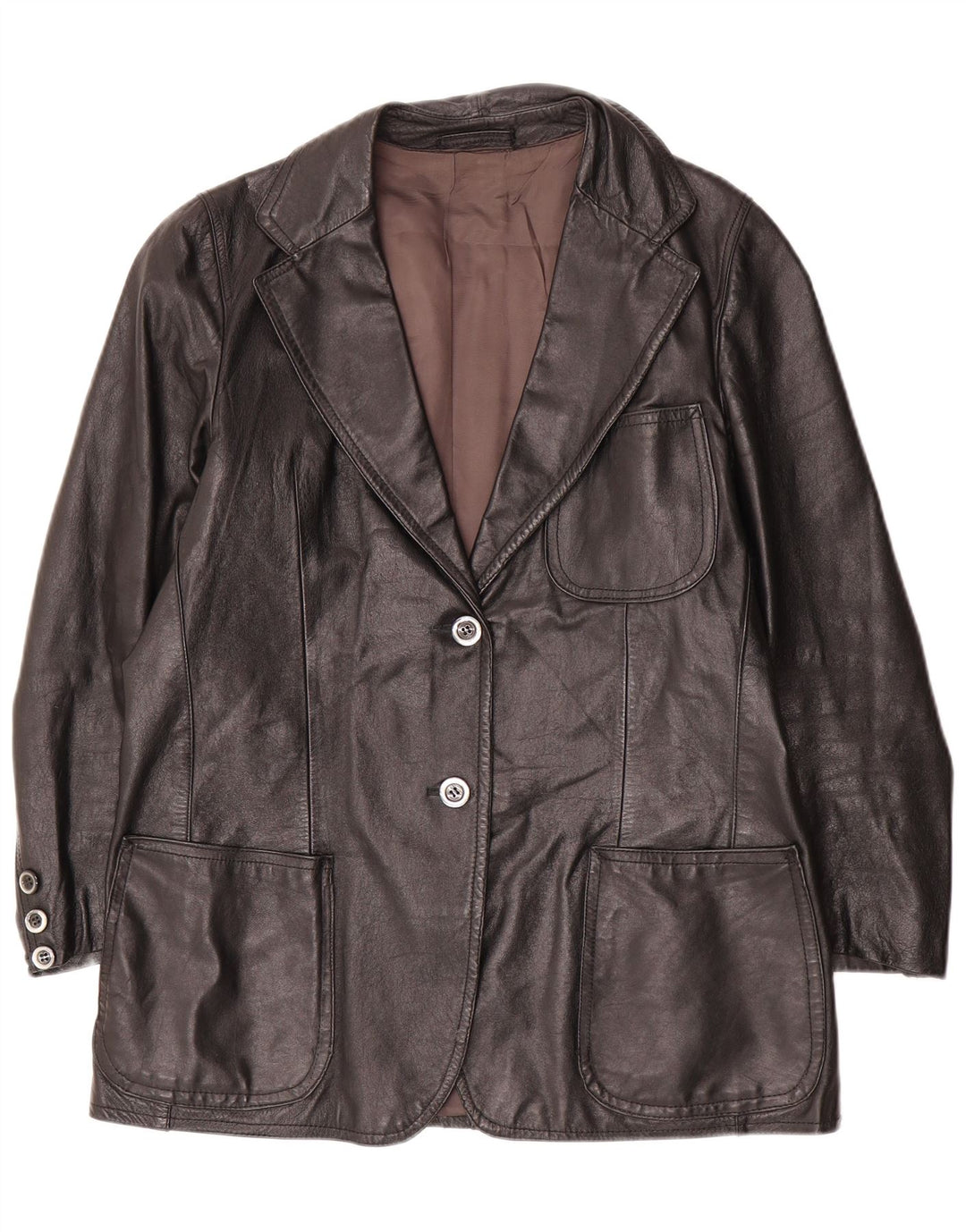 Giacca blazer in pelle vintage da donna a 2 bottoni UK 14 grande nera