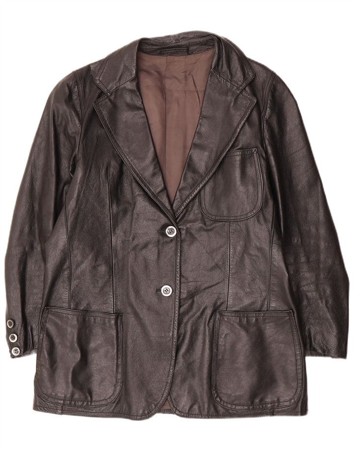 Giacca blazer in pelle vintage da donna a 2 bottoni UK 14 grande nera