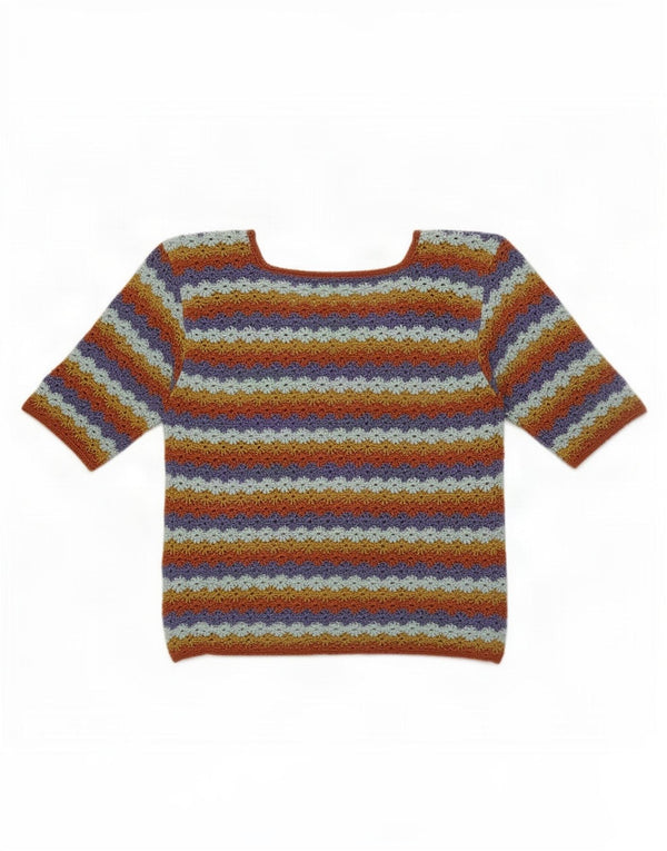 Top camicetta vintage da donna all'uncinetto UK 12 a righe multicolori medie