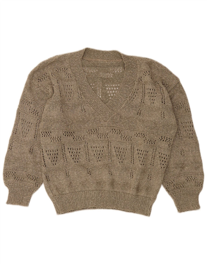 VINTAGE Womens Crop V-Neck Jumper Sweater UK 14 Medium Beige