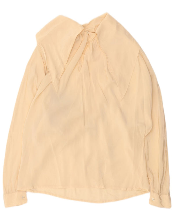 Top camicetta a maniche lunghe da donna vintage UK 14 Seta geometrica beige grande