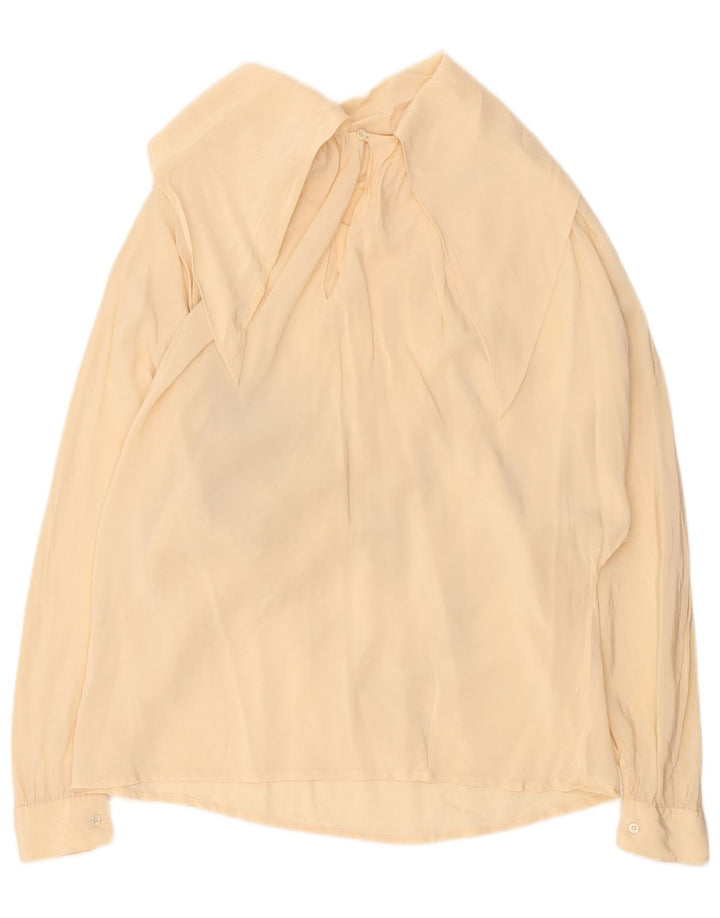 Top camicetta a maniche lunghe da donna vintage UK 14 Seta geometrica beige grande