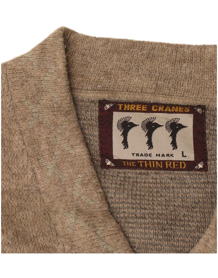 Maglione vintage da uomo con scollo a V grande beige a rombi/diamante