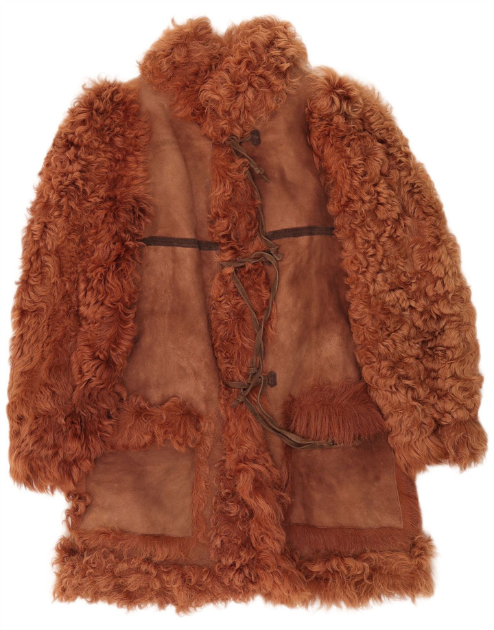Cappotto in shearling vintage da donna con cravatta sul davanti UK 16 grande marrone