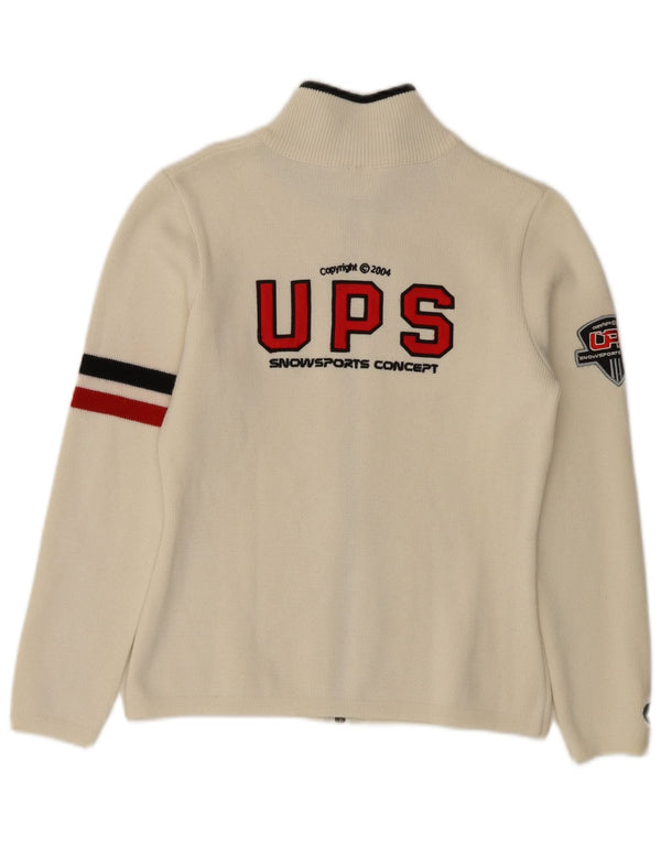 Maglione cardigan grafico da donna vintage UK 10 piccolo bianco sporco