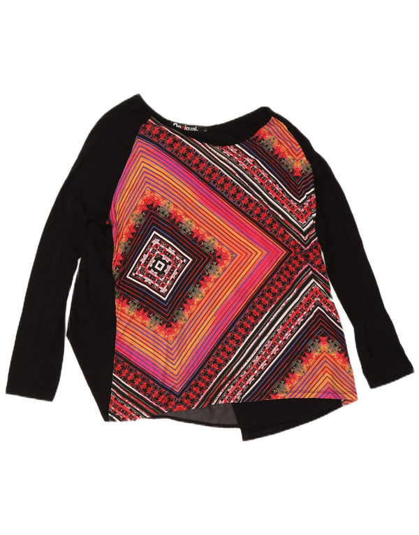 Desigual Donna Top Manica Lunga UK 16 Large Nero Geometrico Viscosa