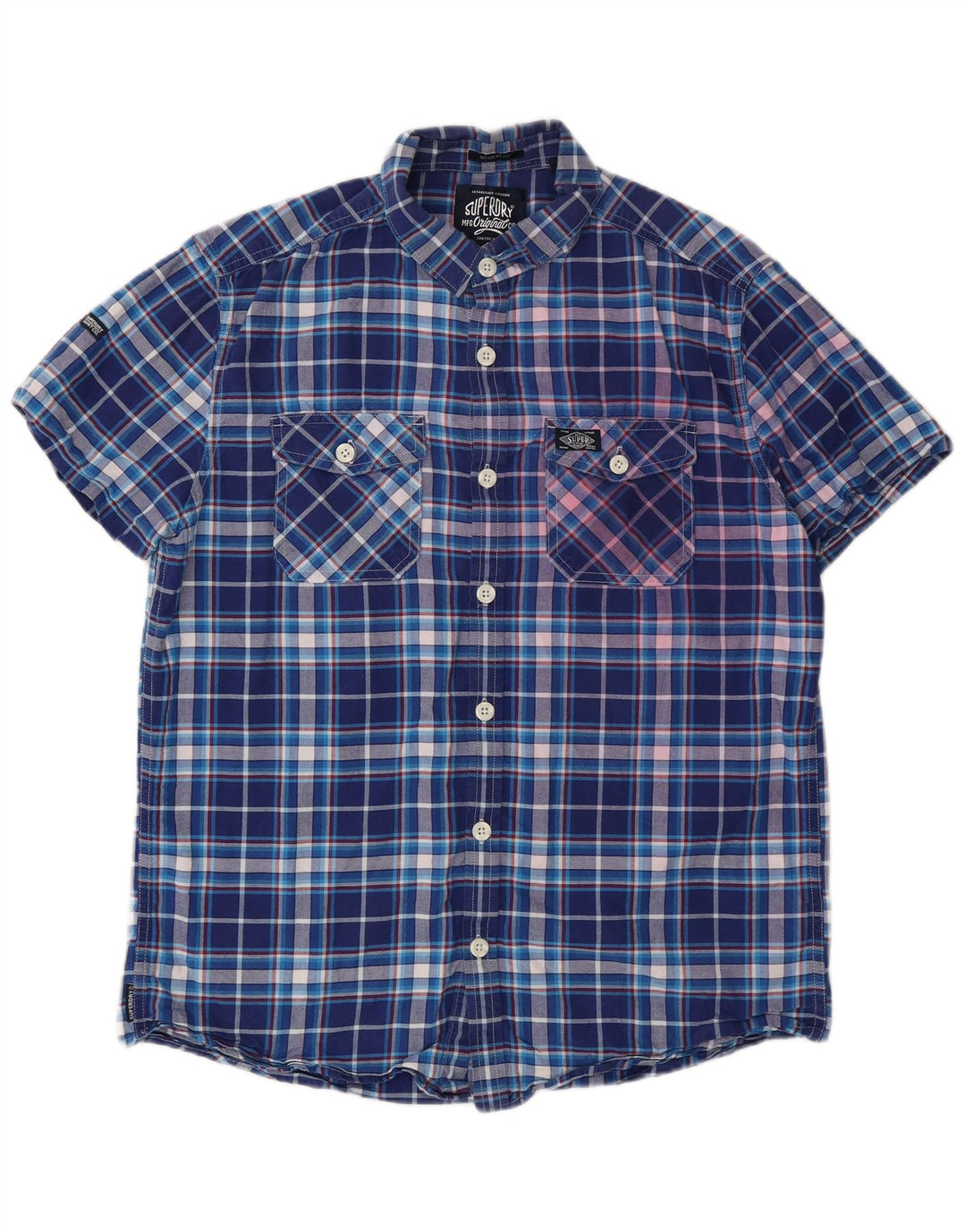 Camicia a maniche corte da uomo Superdry in cotone a quadri blu grandi