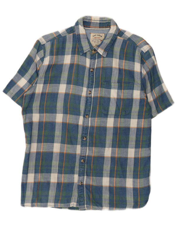 Fat Face Camicia da uomo in flanella a maniche corte in cotone a quadri blu medio