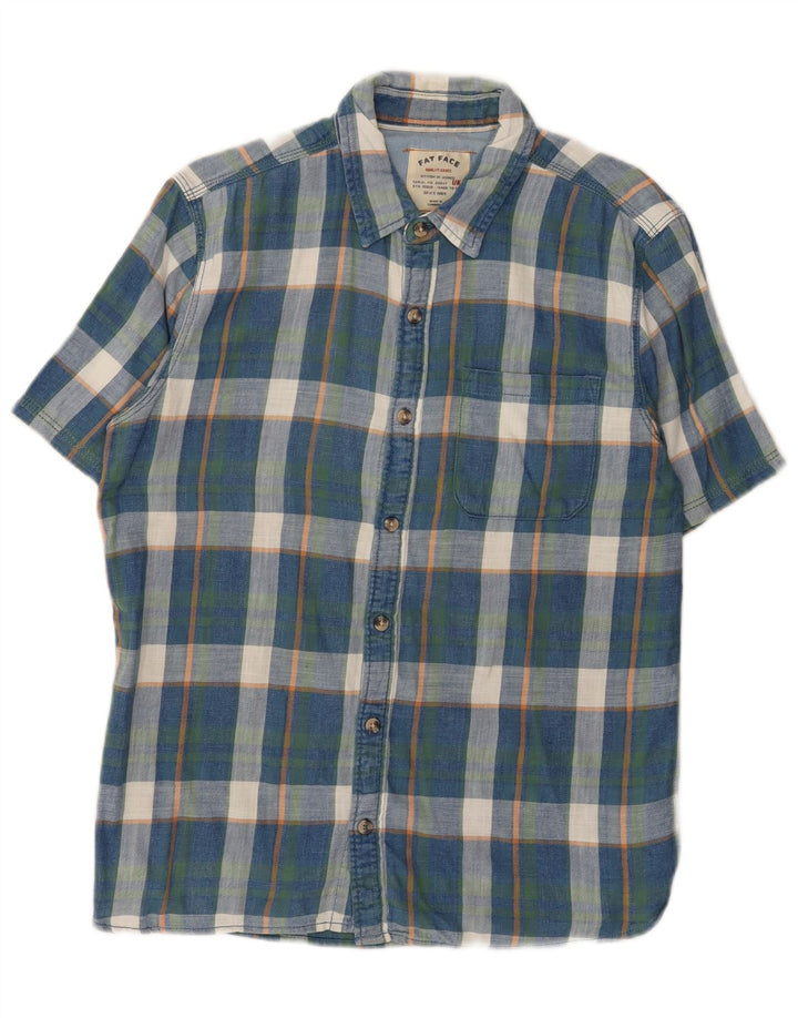 Fat Face Camicia da uomo in flanella a maniche corte in cotone a quadri blu medio
