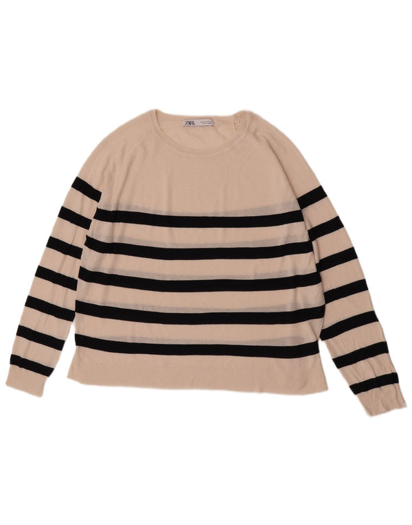 Maglione maglione con scollo a barca da donna Zara UK 18 XL viscosa a righe bianco sporco