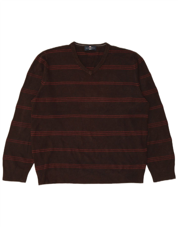 Maglione da uomo Marks & Spencer con scollo a V, acrilico a strisce marroni grandi