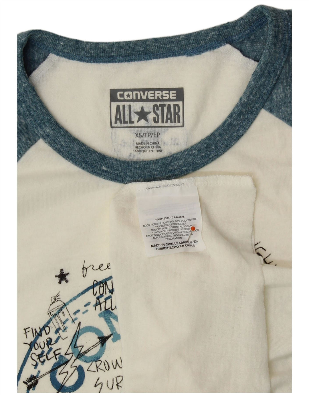 CONVERSE Top grafico da donna Chuck Taylor manica 3/4 UK 6 XS bianco