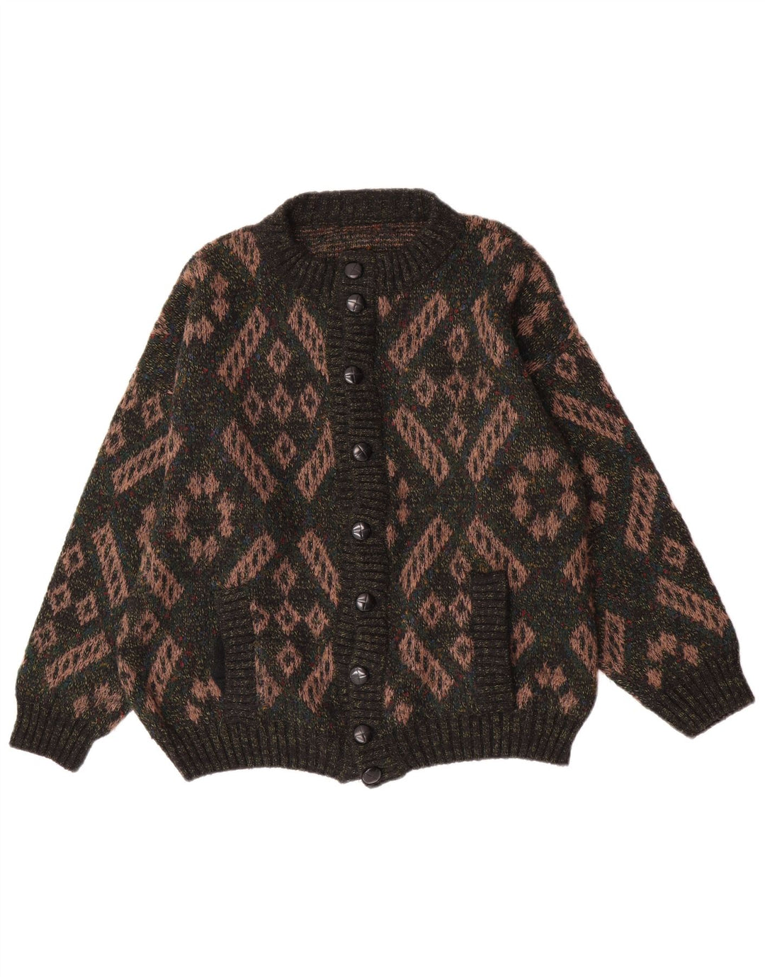 Maglione cardigan da uomo vintage in lana geometrica verde grande