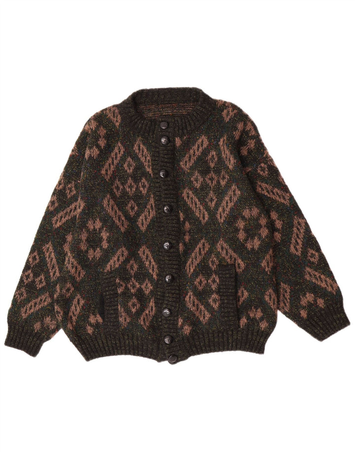Maglione cardigan da uomo vintage in lana geometrica verde grande