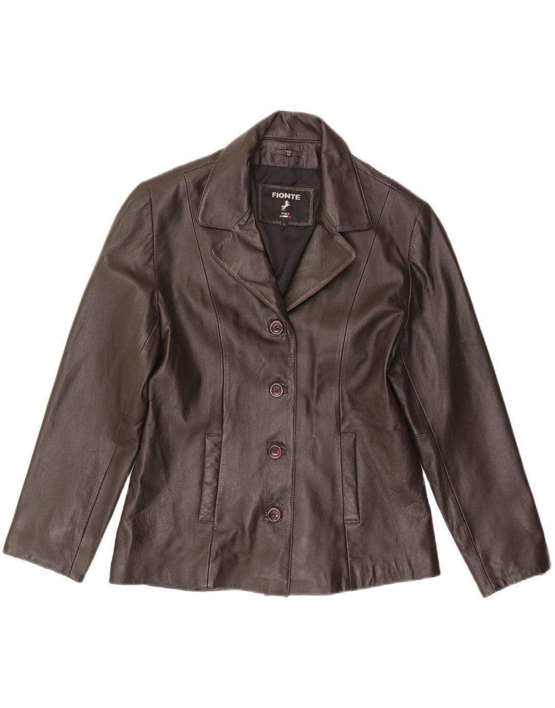 Giacca blazer in pelle da donna a 4 bottoni Fionte UK 16 grande in pelle marrone
