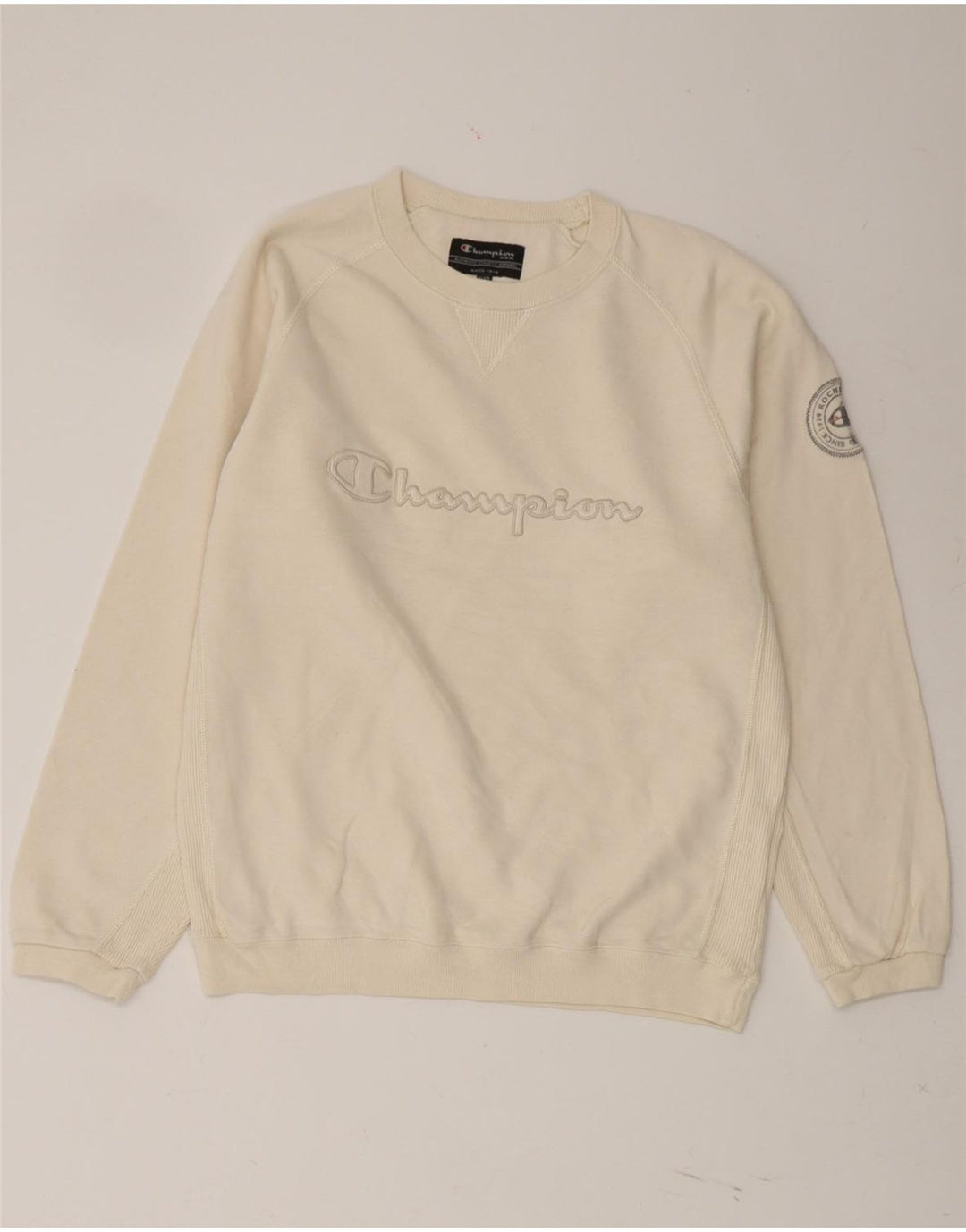 CHAMPION Boys Graphic Sweatshirt Jumper 11-12 Years Beige Cotton Vintage Champion and Second-Hand Champion from Messina Hembry 
