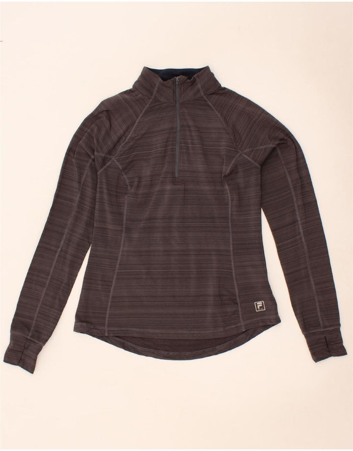 FILA Womens Zip Neck Pullover Tracksuit Top UK 12 Medium Grey Striped Vintage Fila and Second-Hand Fila from Messina Hembry 