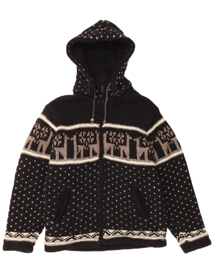Maglione cardigan con cappuccio da uomo vintage grande lana Fair Isle nera