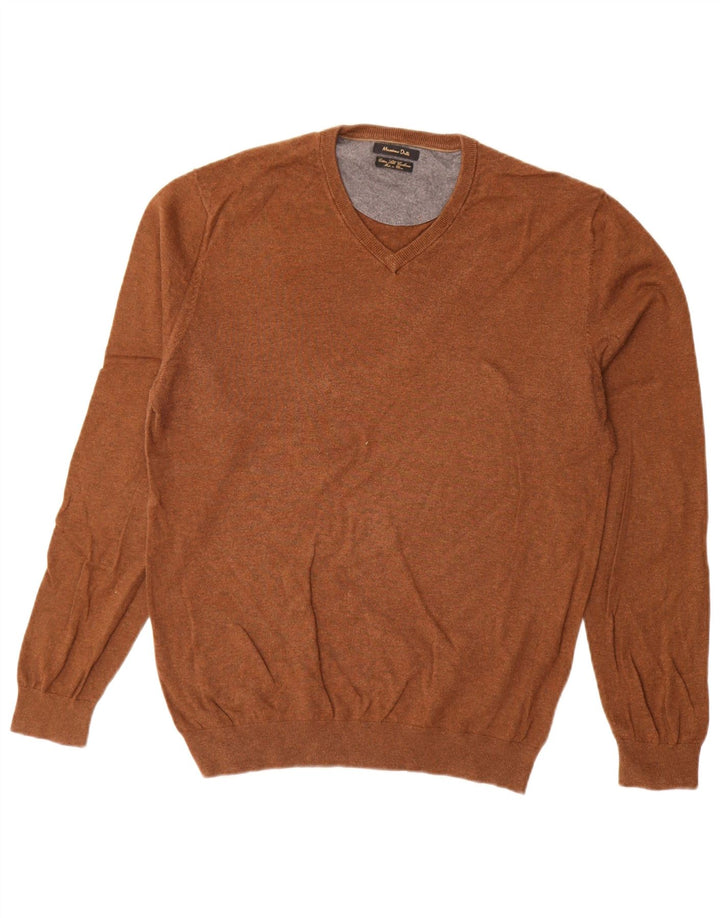 Massimo Dutti Maglione da uomo con scollo a V in cotone marrone medio