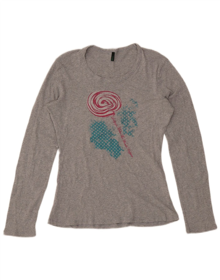 BENETTON Top grafico da donna a maniche lunghe UK 16 Grande cotone chiazzato grigio