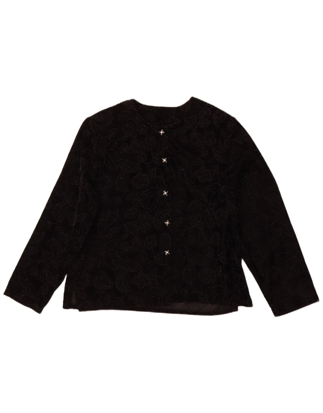 Top camicetta a maniche lunghe da donna VINTAGE UK 16 grande floreale nero