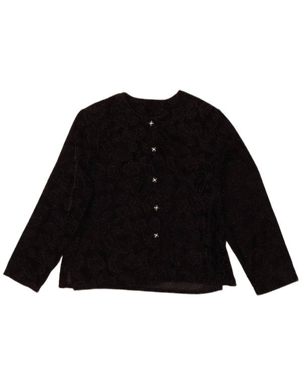 Top camicetta a maniche lunghe da donna VINTAGE UK 16 grande floreale nero