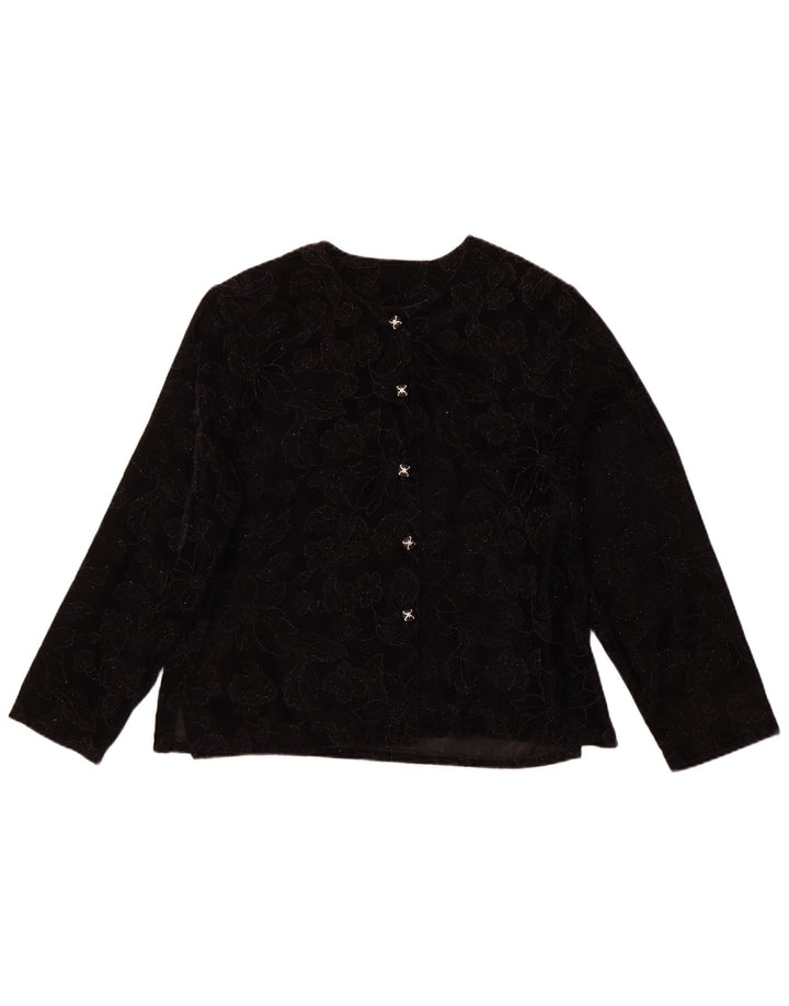 Top camicetta a maniche lunghe da donna VINTAGE UK 16 grande floreale nero