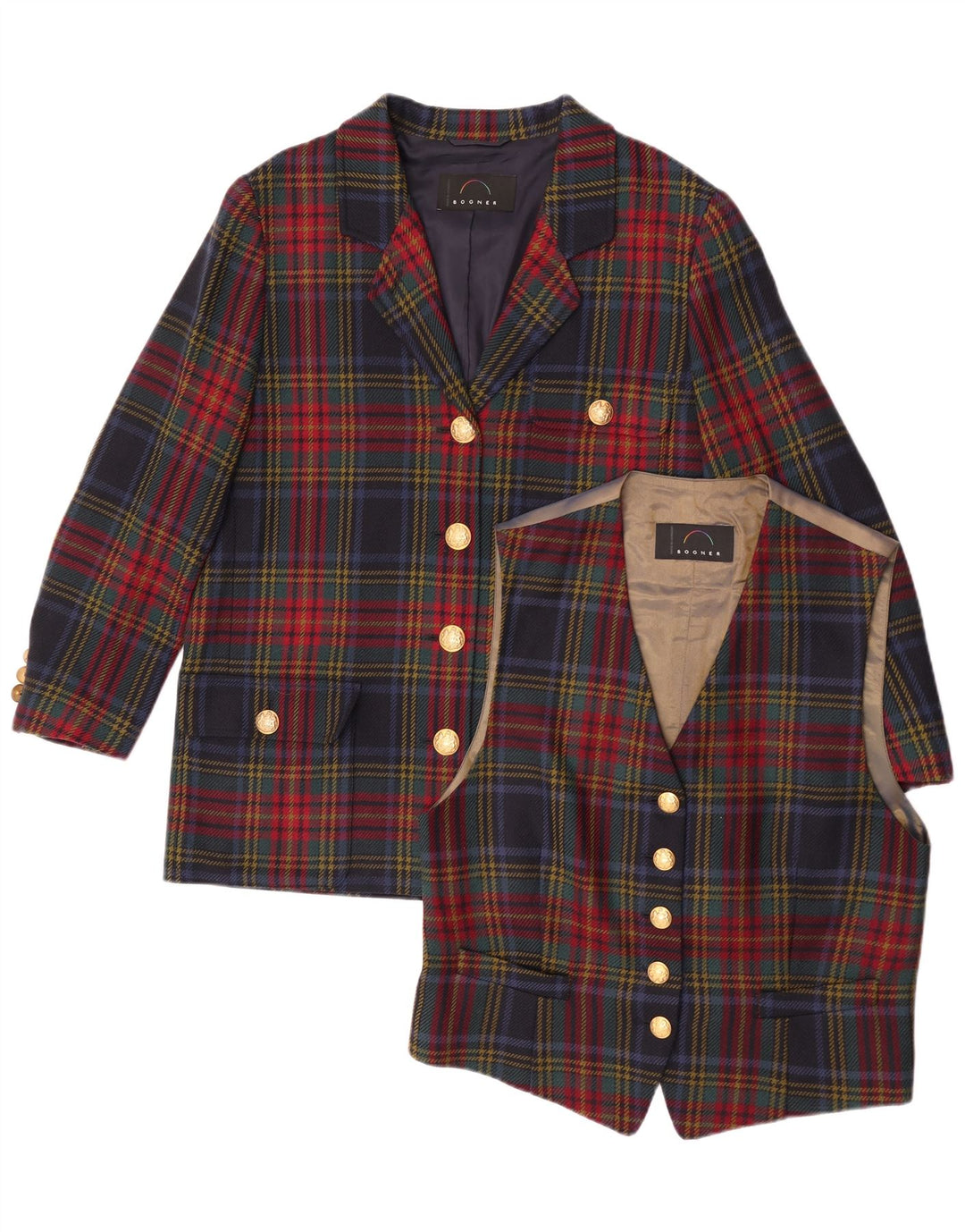 Set da donna Bogner a 4 bottoni, 2 pezzi, UK 16, grande plaid multicolore