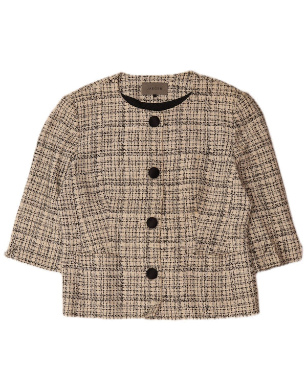 Giacca blazer da donna a 4 bottoni con maniche a 3/4 Jaeger UK 16 grande motivo a quadri beige