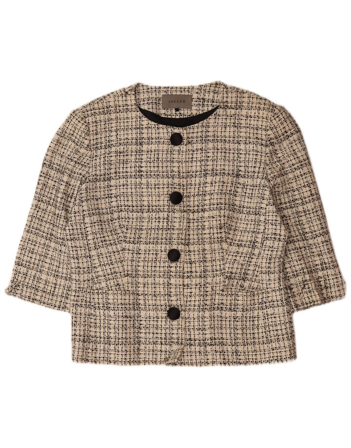 Giacca blazer da donna a 4 bottoni con maniche a 3/4 Jaeger UK 16 grande motivo a quadri beige