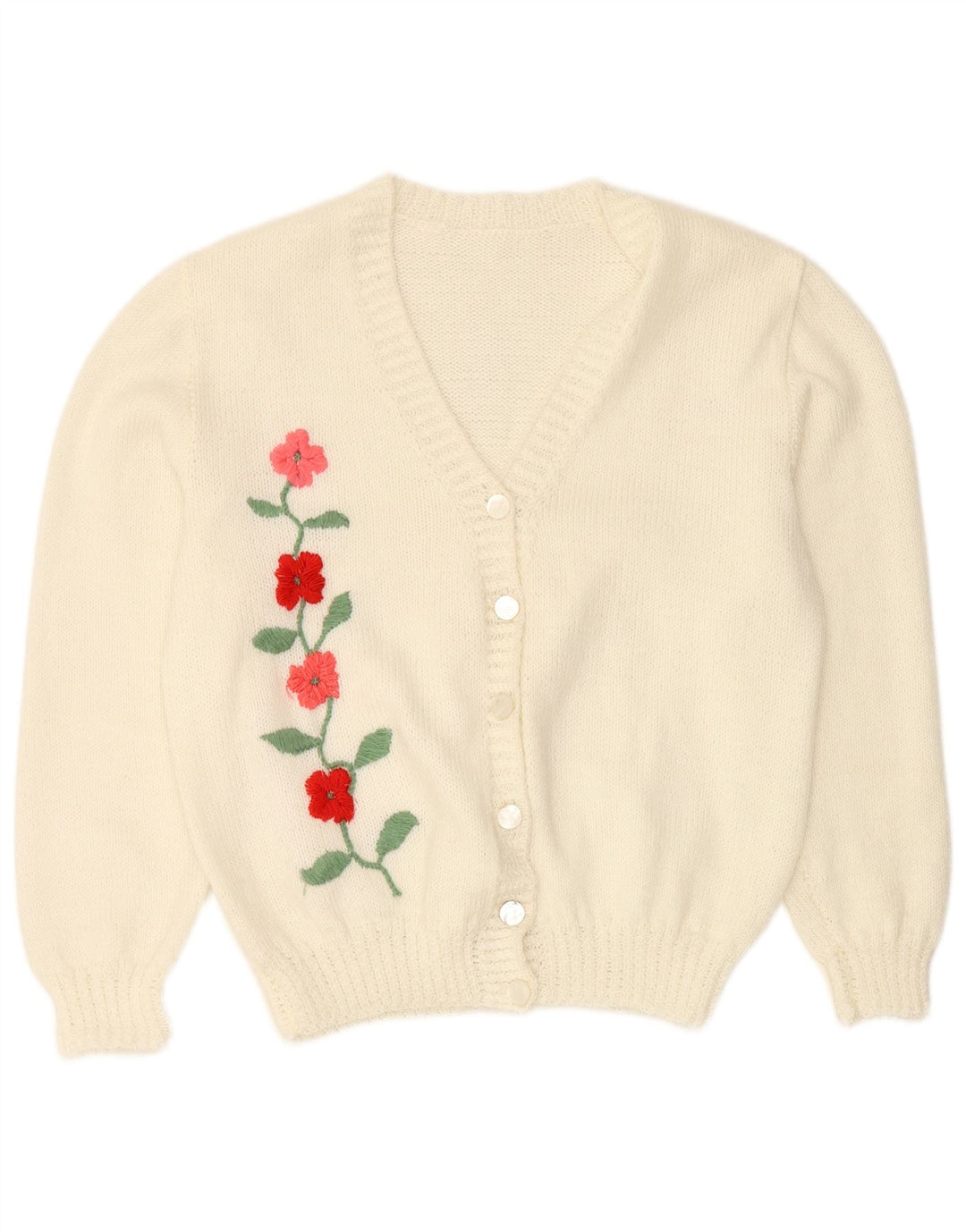 Maglione cardigan da donna VINTAGE UK 16 grande floreale bianco sporco