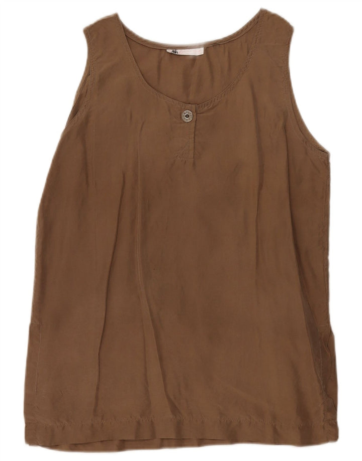 Top camicetta senza maniche vintage da donna UK 10 piccola seta marrone