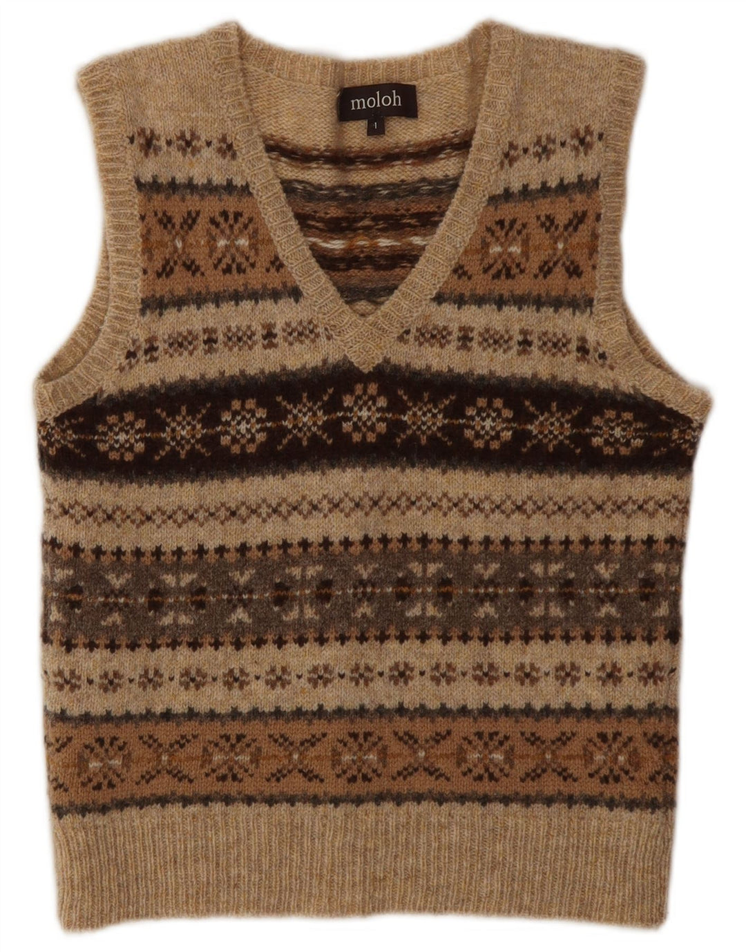 Canotta da donna MOLOH taglia 1 piccola classica in lana Fair Isle marrone