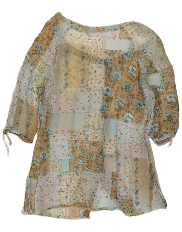 Camicetta vintage da donna con maniche a 3/4 UK 16 grande floreale multicolore