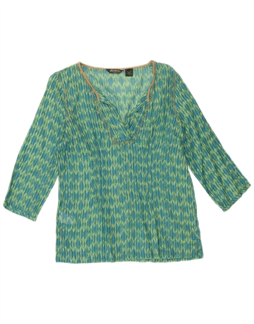 Eddie Bauer Top a tunica ampia da donna con maniche a 3/4 UK 6 XS Cotone Ikat verde