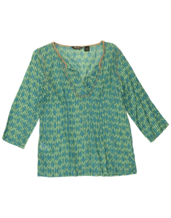 Eddie Bauer Top a tunica ampia da donna con maniche a 3/4 UK 6 XS Cotone Ikat verde