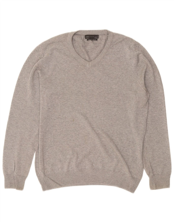 Maglione da uomo con scollo a V Marks & Spencer in cotone screziato grigio medio